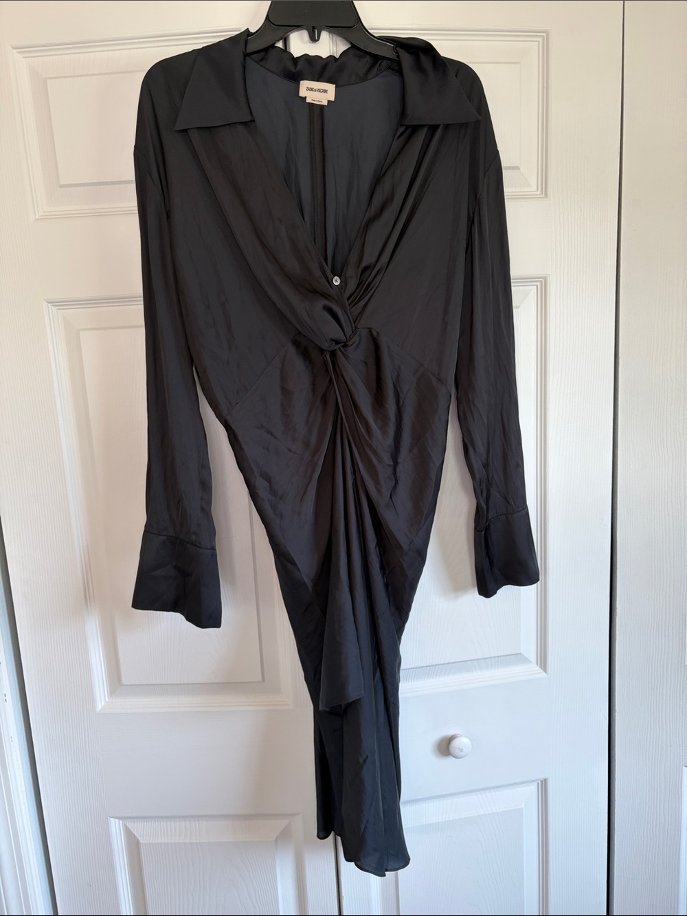 Zadig & Voltaire Black Rozo Satin Twist Front V Neck Shirt Dress L NWT